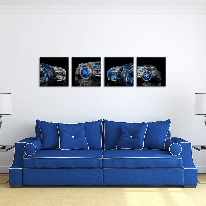 iHAPPYWALL 4 Pieces Modern Car Canvas Wall Art Black and Blue 3D Car Model Cool Picture Print for Bedroom Boys Room Home Decor Ready To Hang 12x12inchx4pcs - Image 3